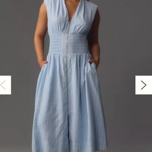 Anthropologie The Tommie Cap-Sleeve Smocked Front-Zip Shirt Linen Dress (NWOT)